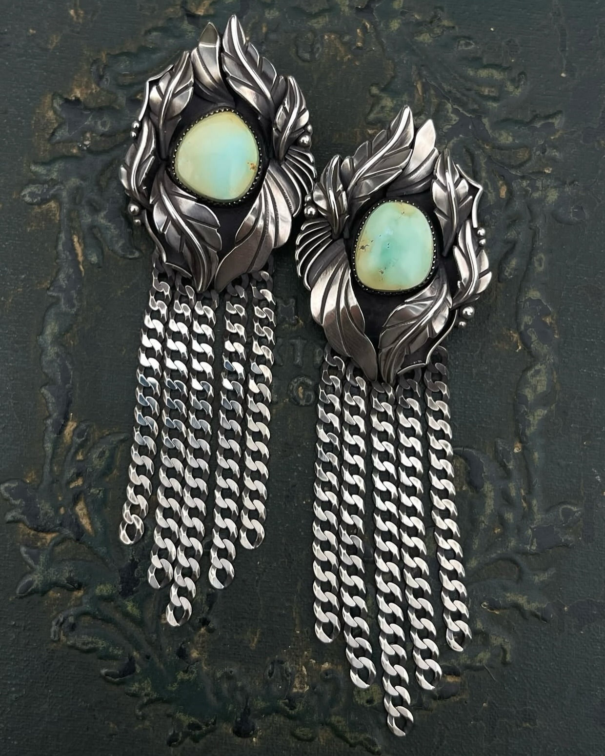 Iron Maiden Chain Fringe Botanical Statement earrings - reserved for J