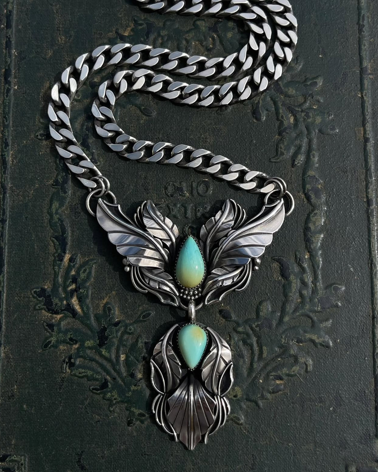 Winged Botanical Iron Maiden Turquoise Necklace