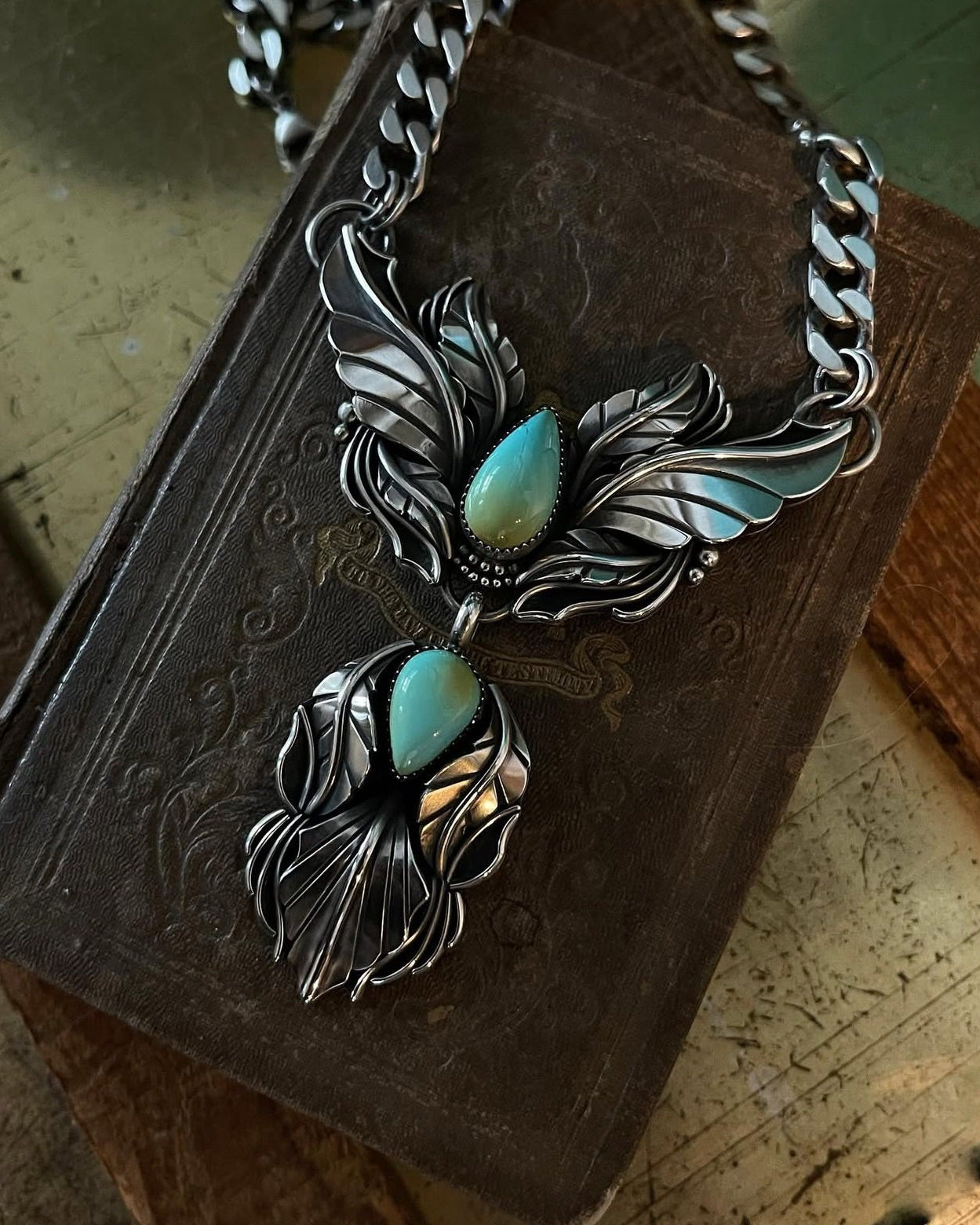 Winged Botanical Iron Maiden Turquoise Necklace