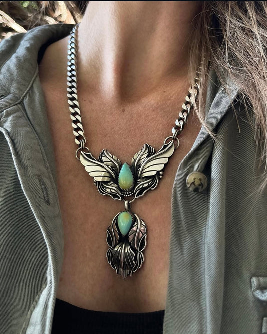 Winged Botanical Iron Maiden Turquoise Necklace
